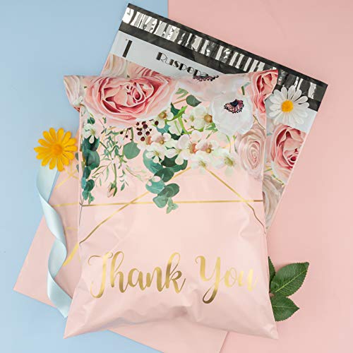 RUSPEPA Poly Mailers Shipping Bags Thank You Notes Flowers Surrounded 3 Mil Heavy Duty Self Seal Mailing Envelopes - Pink, 12 x 15.5 inches, 50 Pack
