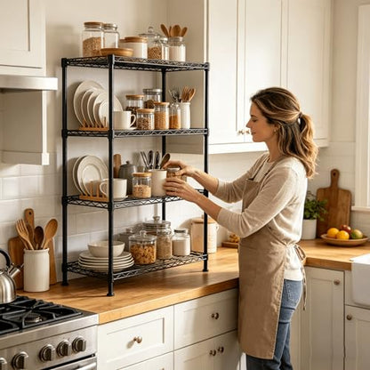 4-Tier Shelf, Adjustable Wire Metal Rack Shelving, Heavy Duty Standing Storage Shelves, Garage, Kitchen, Office, Bathroom, Shelfs Easy Assembly, 20" W x 12" D x 32" H, Black - color: Black, size: 4-tier 19.69"W x 11.81"D x 31.5"H