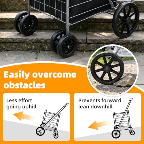 Folding Shopping Cart with Large Front Wheels, Grocery Cart with Waterproof Liner, 360° Swivel Dual Rear Wheels, Heavy Duty Collapsible Utility Wagon, Perfect for Groceries Laundry Luggage Travel - size: Large+Single Basket