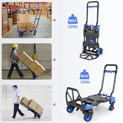 Heavy Duty 330lbs Folding Hand Truck, 2 in 1 Alu Foldable Dolly, Blue - color: Blue