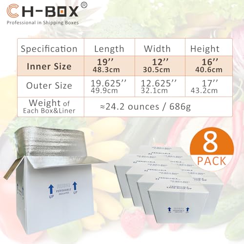 Insulated Cold Shipping Boxes with Liners, 8 Pack 19'' x 12'' x 16'', for Perishable Frozen Food, White (TB191216L-8) - color: White-8 Pack, size: 19x12x16''