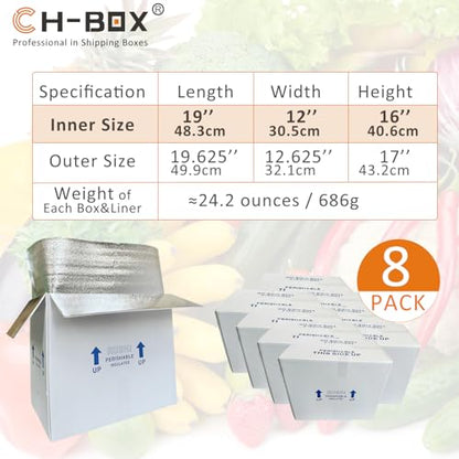 Insulated Cold Shipping Boxes with Liners, 8 Pack 19'' x 12'' x 16'', for Perishable Frozen Food, White (TB191216L-8) - color: White-8 Pack, size: 19x12x16''