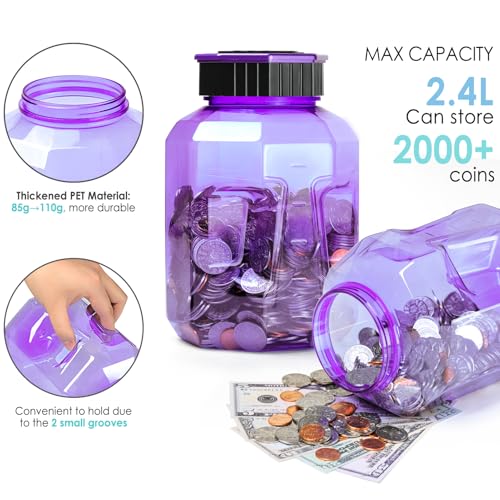 X-Large Piggy Bank for Adults Kids, Digital Coin Counting Bank LCD Counter - color: Purple
