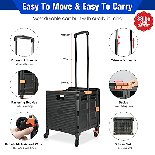 Foldable Utility Cart,Rolling Crate Heavy Duty Shopping Cart with 360° Silent Wheel with Brake System,55L Capacity,Transport Weight up to 177 Pounds,Travel Shopping Moving Luggage Office Use - color: Black&blue Lid