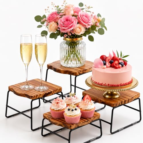 ZENFUN 4 Piece Wood Buffet Risers, Dessert Table Risers Food Display Riser, Pizza Pan Riser, Cupcake Stand & Wood Display Risers, Nesting Food Platter and Plate Holder