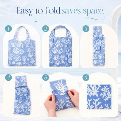 Abbylike 6 Pcs Reusable Grocery Bags 50lbs Coastal Foldable Shopping Bag - color: Blue White, style: Ocean