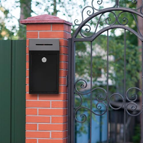 Metal Donation Box with Lock Money Cash Drop Box with Slot, Wall Mount Suggestion Box Collection Box Ballot Box for Home Office Outdoor Farm Stand, 10.2 x 5.7 x 3 in - color: Black