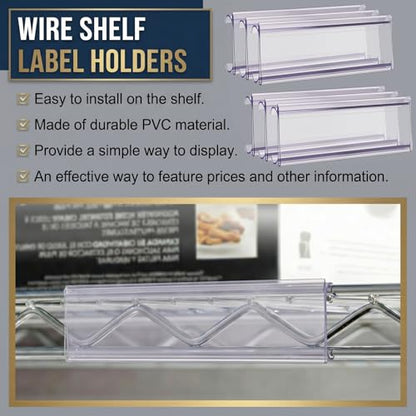 Kathfly 100 Pcs Wire Shelf Label Holders with 100 Pcs Label Paper Inserts 5" x 1.25" Plastic Shelf Tags Clear Wire Labels Clip on Ticket Holder Compatible with 1-1/4 Inch Shelves