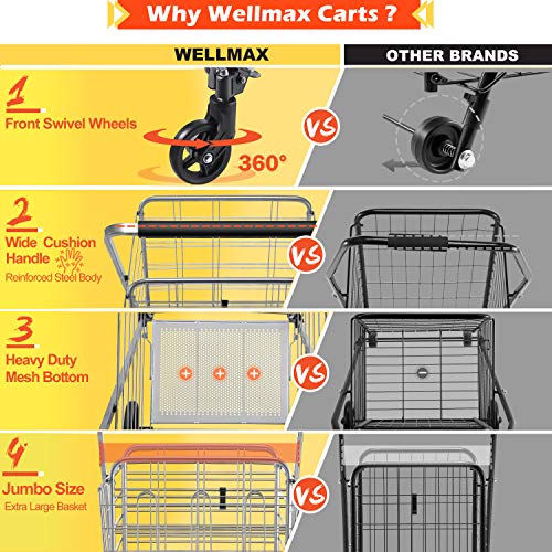 Wellmax Heavy Duty Grocery Cart, Metal Folding Shopping Cart, 160 lb Max - size: Jumbo