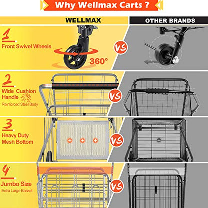 Wellmax Heavy Duty Grocery Cart, Metal Folding Shopping Cart, 160 lb Max - size: Jumbo