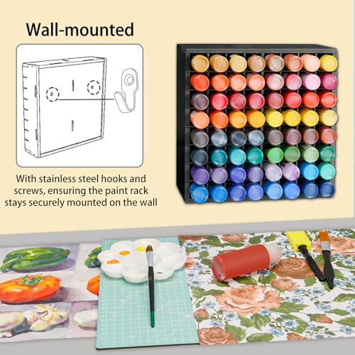 Krafetto 64-Grid Paint Organizer for 2 Oz Bottles, Wall Mount, Black - color: 1pc black paint rack