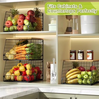Jakyitvi 4 Pack Stackable Wire Baskets with Fixed Wooden Top, Vegetable Fruit Storage Bins for Onion Potato Snack, Pantry Baskets for Kitchen Cabinet Countertop, Pantry Organizers and Storage Rack - size: 4 Pack with Wooden Top—Narrow 11.8"W x 15.4" D