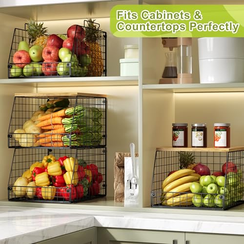 Jakyitvi 4 Pack Stackable Wire Baskets with Fixed Wooden Top, Vegetable Fruit Storage Bins for Onion Potato Snack, Pantry Baskets for Kitchen Cabinet Countertop, Pantry Organizers and Storage Rack - size: 4 Pack with Wooden Top—Narrow 11.8"W x 15.4" D