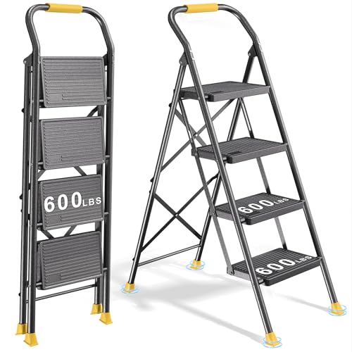 4 Step Ladder Stool Foldable with Handrails for Adults, Heavy Duty 4 Stepping Extension Tall Folding Ladder, Closet Stepstool Stair Ladders Extendable Stepladder for Indoor House Home Kitchen, 600LBS - color: Black Yellow, size: 4 Step