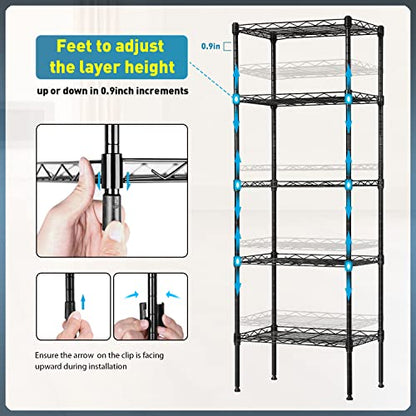 BestOffice | 5-Tier Wire Shelf with Wheels | 16.7" x 11.8" x 47.6" | Black - color: Black, size: 16.7L×11.8W×47.6H