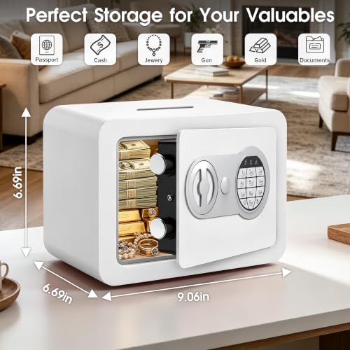 Small Safes for Home Small Safe Box Mini Safe with Coin Slot Personal Safes for Money Cash Documents Kids Safety Box with Digital Keyboard & Sensor Light Caja Fuerte Para Dinero 0.23 Cubic (white) - color: white