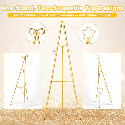 Interchangeable Bow & Star Top Gold Easel Stand for Sign, 62"–47" Height Adjustable Heavy Duty Wedding Easel Stand with 3 Display Modes — Perfect for Welcome Signs, Christmas Decor, Parties & Events