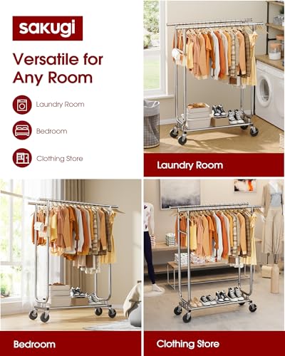 Sakugi Stainless Steel Double Rod Clothes Rack, 43.5x16.5x65.9, Black - color: Silver, size: 43.5" x 16.5" x 65.9"(2 Rods)