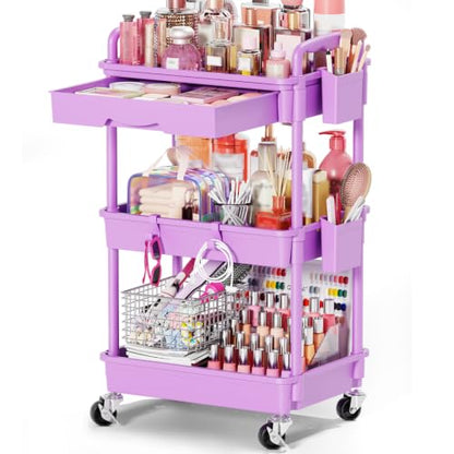 Goovilla Rolling Makeup Organizer Cart with Removable Drawer, 3 Tier Purple - color: Purple, size: 3 Tier
