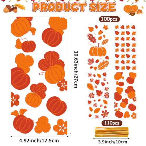 100Pcs Fall Thanksgiving Cellophane Treat Bags - 5 x 11 Inch Clear Fall Goodie Bags with Gold Ties for Cookies, Snacks, Party Favors & Gift Packaging, 2.8 Mil Thick Plastic Autumn Candy Bag for Kids - color: Fall 100pcs