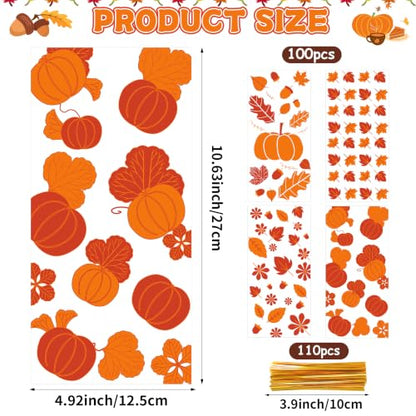 100Pcs Fall Thanksgiving Cellophane Treat Bags - 5 x 11 Inch Clear Fall Goodie Bags with Gold Ties for Cookies, Snacks, Party Favors & Gift Packaging, 2.8 Mil Thick Plastic Autumn Candy Bag for Kids - color: Fall 100pcs