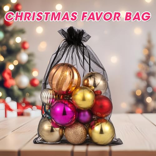 ANZNKU 50 Pcs Large Organza Bags 8x12, Black Small Mesh Gift Bag Drawstring - color: Black