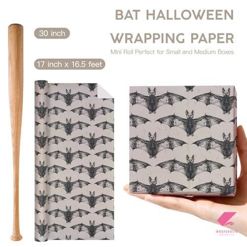 WRAPAHOLIC Bat Halloween Wrapping Paper Roll - Mini Roll - 17 Inch x 16.5 Feet - Black White Gothic Bat Wrapping Paper for Halloween Party, Spooky Gifts, Holiday - color: Halloween Bat