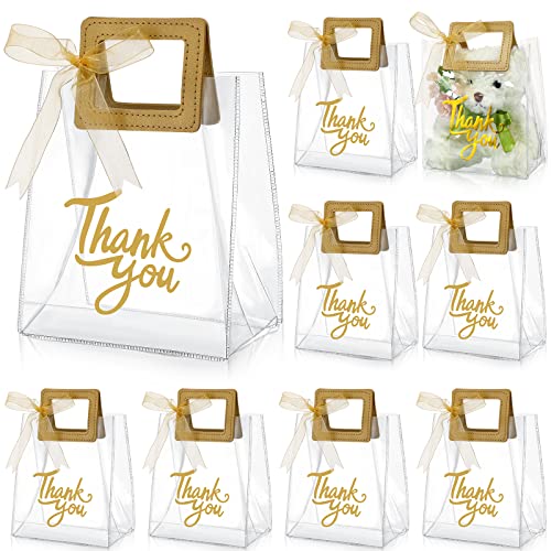 Sabary 12 Pcs Clear Gift Bag with Handle Thank You Gift Handbag, Gold - color: Gold
