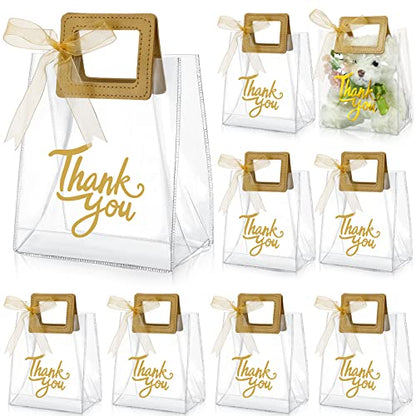 Sabary 12 Pcs Clear Gift Bag with Handle Thank You Gift Handbag, Gold - color: Gold