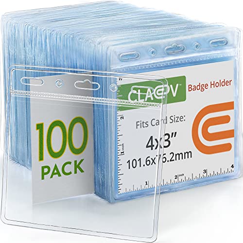 Claev - Horizontal ID Name Badge Holders - Clear, 4x3 Inch, 100 Pack - size: 100