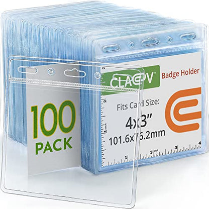 Claev - Horizontal ID Name Badge Holders - Clear, 4x3 Inch, 100 Pack - size: 100