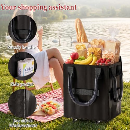 Reusable Grocery Bag on Wheel, Foldable Shopping Cart with Wheels, Can Carry up to 88 Pounds, Suitable for Groceries, Laundry, Camping and Moving. - color: Black - Medium