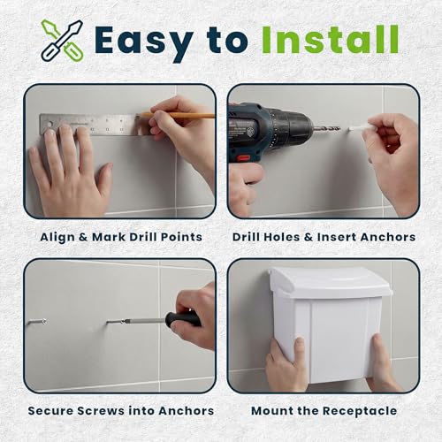 Alpine Sanitary Napkin Receptacle - Feminine Hygiene Disposal Container, Wall Mounted Trash Can with Odor Control Seal & Installation Hardware (White) - color: White