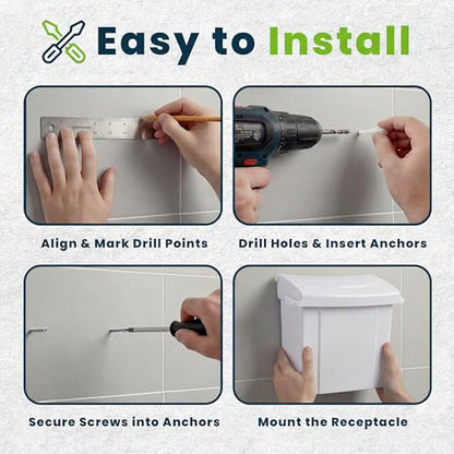 Alpine Sanitary Napkin Receptacle - Feminine Hygiene Disposal Container, Wall Mounted Trash Can with Odor Control Seal & Installation Hardware (White) - color: White