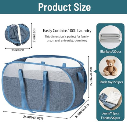 100L Collapsible Laundry Baskets, Tear Proof Pop Up Laundry Hamper with Dual Handles, Large Foldable Laundry Basket, Easy to Carry Laundry Hamper for Home, Laundry Room, Bedroom, Dorm, Travel Blue - color: 100L-1x-Blue