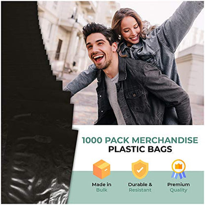12x15 Black Plastic Bags, Glossy, Die-Cut Handles, 1.25 Mil, 1000 Pack