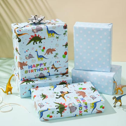 ZINTBIAL Dinosaur Reversible Wrapping Paper Roll - Boys & Girls Birthday Gift Wrapping Paper - 17 Inch x 33 Feet - Great for Baby Shower, Kids Party - Blue Dinosaur Design with White Polka Dots Back - color: Dinosaur -Blue