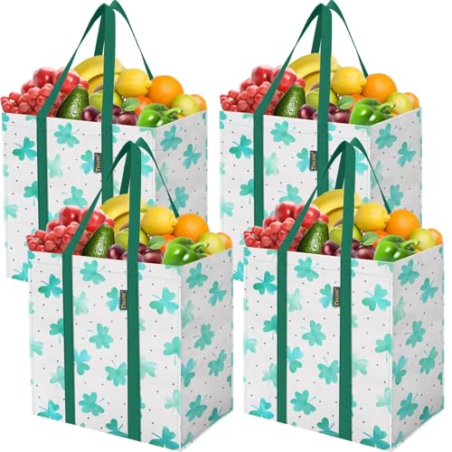 BALEINE 4 PK Grocery Bags Reusable Shopping Bags with Reinforced Bottom, Heavy Duty Foldable Tote Bags (Clover) - color: Clover, size: 4 PK