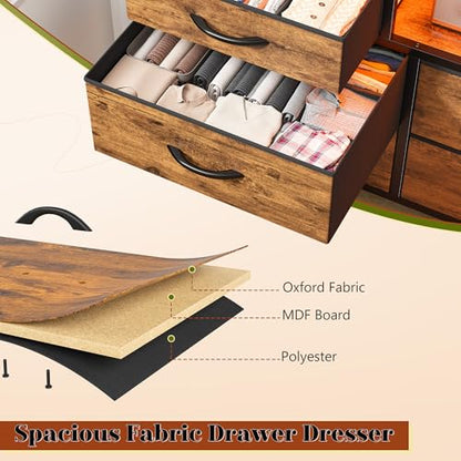 EnHomee Dresser for Bedroom with LED Lights & Charging Station - color: Rustic Brown