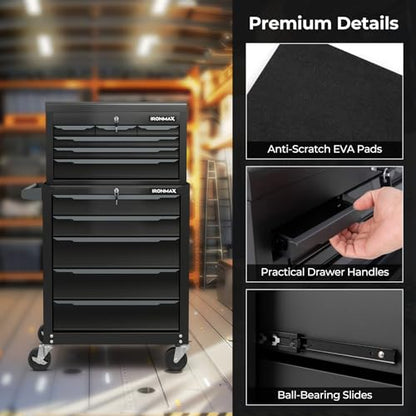 Goplus Rolling Steel Tool Chest, 11-Drawer Heavy-Duty Tool Storage Cabinet with Hanging Holes, Central Keyed Locking System, Ball-Bearing Slides & Lockable Wheels, Tool Box Organizer for Garage - style: Tool Box + Chest