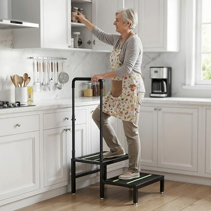 2 Step Stool with Handle, Heavy Duty Step Stool for Elderly and Adults, Adjustable Handrail with Non-Slip Platform, Bedside Steps for High Beds, Kitchen and Bathroom