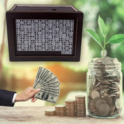 Money Saving Box Piggy Bank, Cash Coin Retro Money Savings Box with Counter for Savings Goal with Dry Erase Pen, Cash Vault Wooden Challenge Box for Boys and Girls ($10000, Brown) - color: Brown