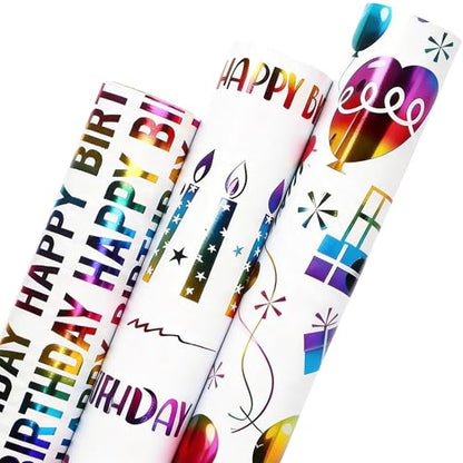 VOWOVOSDAY Happy Birthday Wrapping Paper Roll-3 Rolls-17 inch x 120inch Per roll-Colorful Foil Birthday Wrapping Paper for Valentine's Day,Kids Girls Birthday,Baby Shower(10Balloon&Candle) - color: Iridescent Happy Birthday & Balloon & Candle
