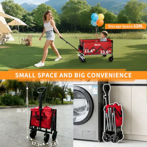Collapsible Wagon Cart with All-Terrain Wheels, 380LBS, Red - color: Red
