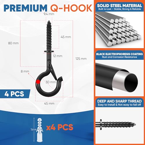 [HEAVY-DUTY] 250Lbs 5’’ M8 Q-Hanger Hook with Safety Buckle & Washer, 4Pcs