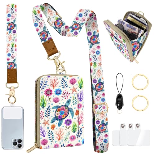 Lightweight Card Holder with RFID Blocking Lanyard Wallet - color: Floral Sea Turtle