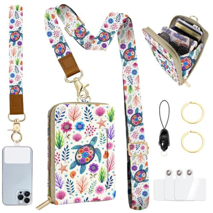Lightweight Card Holder with RFID Blocking Lanyard Wallet - color: Floral Sea Turtle