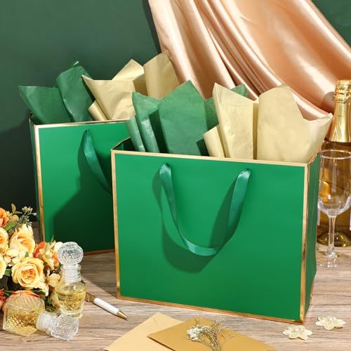ReliThick 12 Pack Paper Gift Bag with Handles & Tissue, Green, Gold - color: Green, Gold