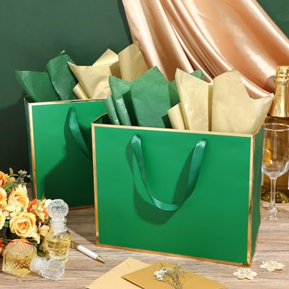 ReliThick 12 Pack Paper Gift Bag with Handles & Tissue, Green, Gold - color: Green, Gold
