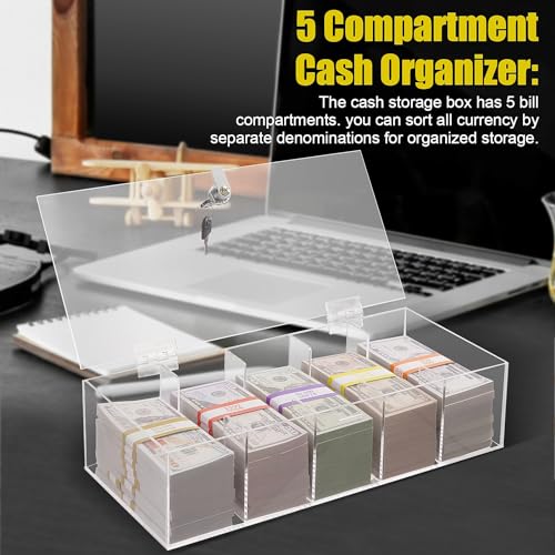 Acrylic Locking Currency Tray With 300 Currency Wrappers, 5 Compartment Clear Cash Organizer Money Storage Box with Lockable Cover for Cash, Moneyboxes Currency Cash Holder for Money